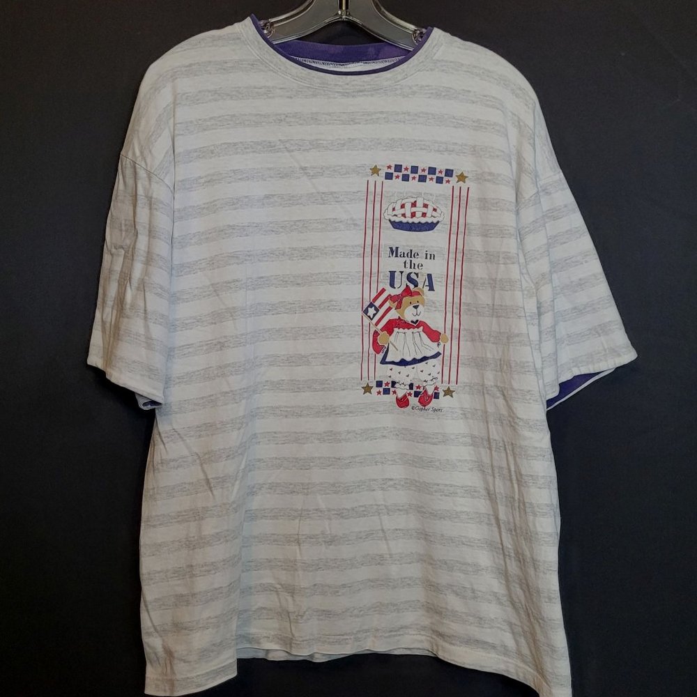 Vintage Patriotic Bear Made In The USA Shirt Light Gray Stripes Size L Gopher